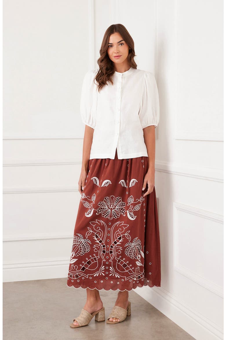 Embroidered Eyelet Cotton Midi Skirt, Alternate, color, CHOCOLATE