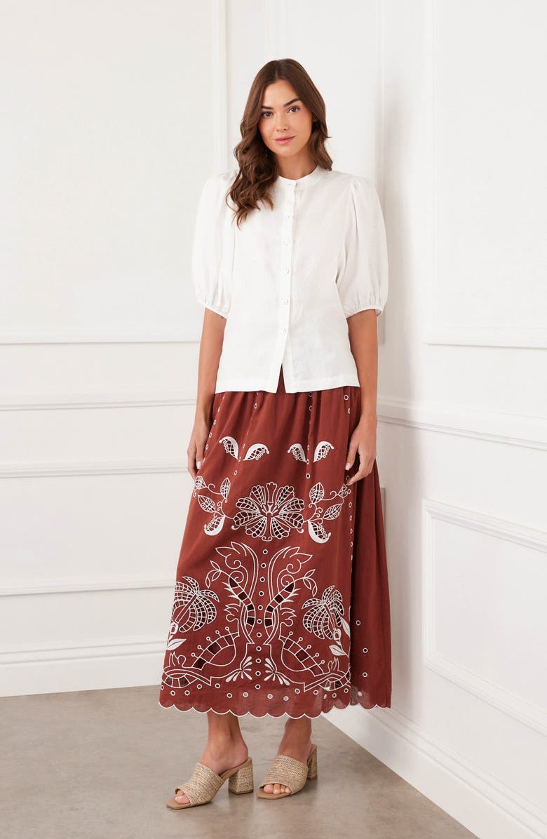 Karen Kane Embroidered Eyelet Cotton Midi Skirt, Alternate, color, Chocolate
