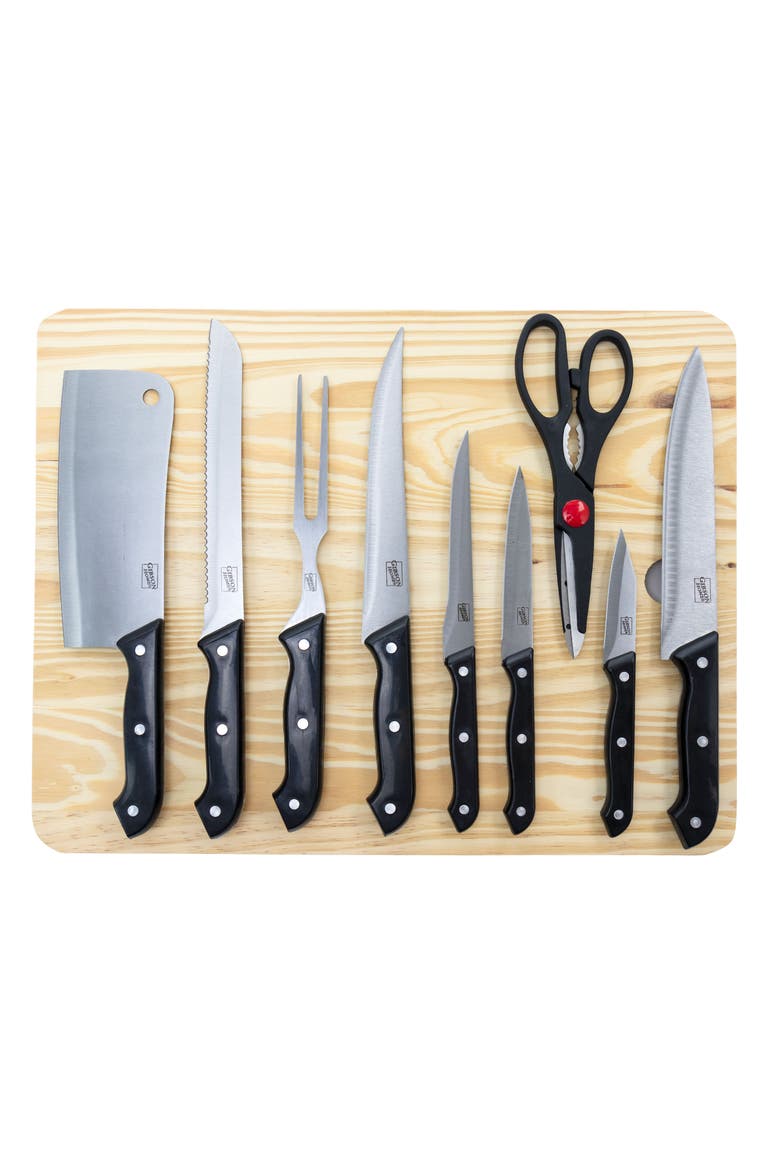 10 Piece Cutlery Set with Wooden Cutting Board, Main, color, Black