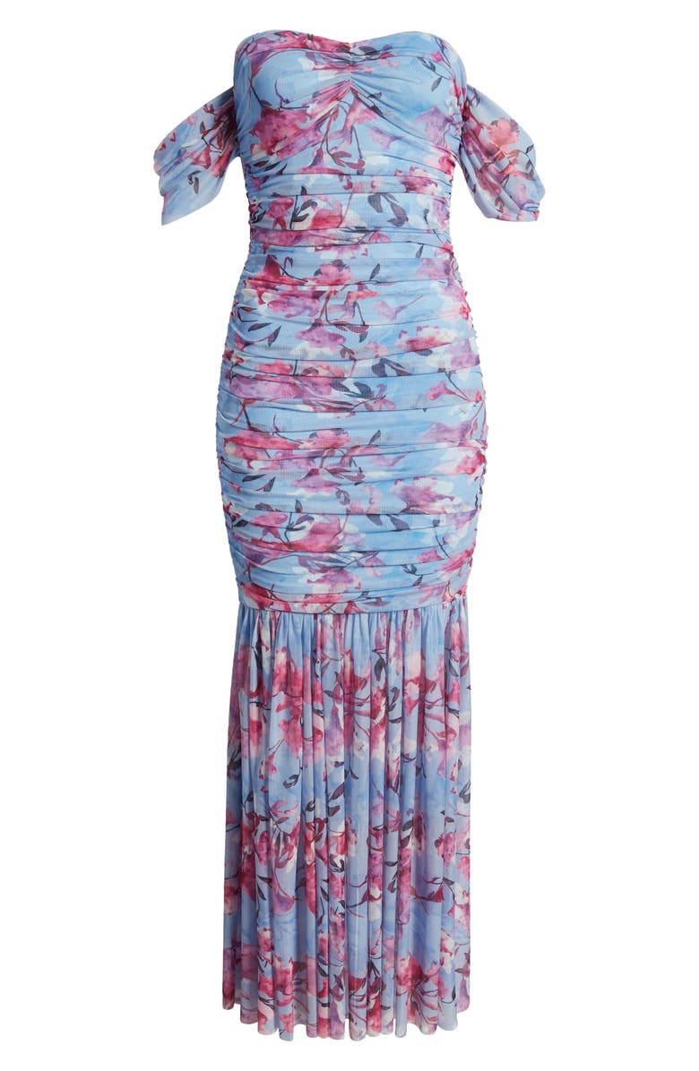bebe Floral Ruched Off the Shoulder Mesh Gown, Alternate, color,