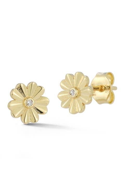 14K Yellow Gold Diamond Flower Stud Earrings - 0.02ct.
