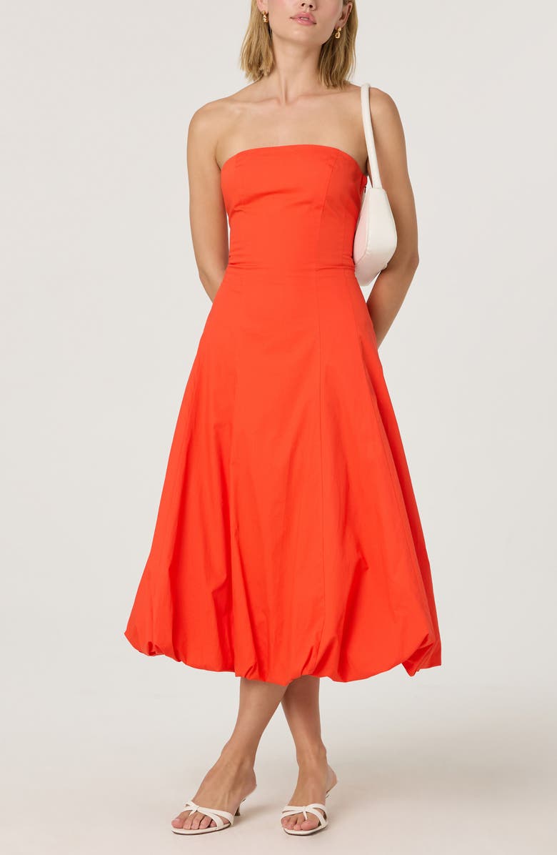 ASTR the Label Strapless Bubble Hem Cotton Poplin Midi Dress, Alternate, color, Tangerine
