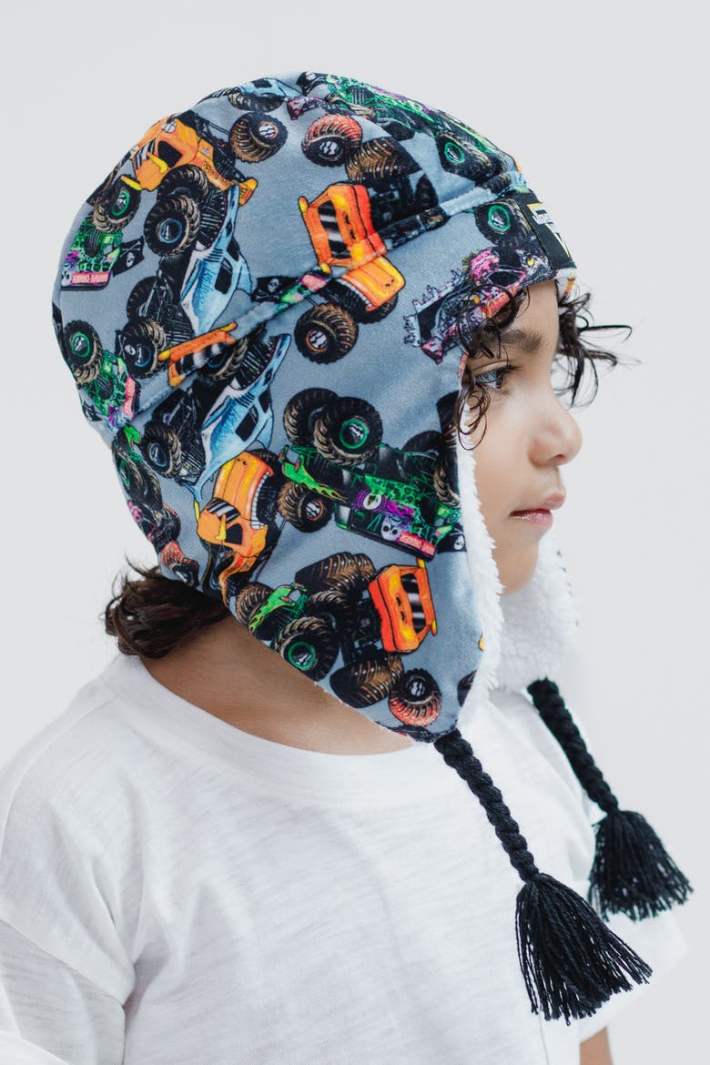 Fleece Beanie with Ear Flaps, Alternate, color, Monster Jam Charcoal
