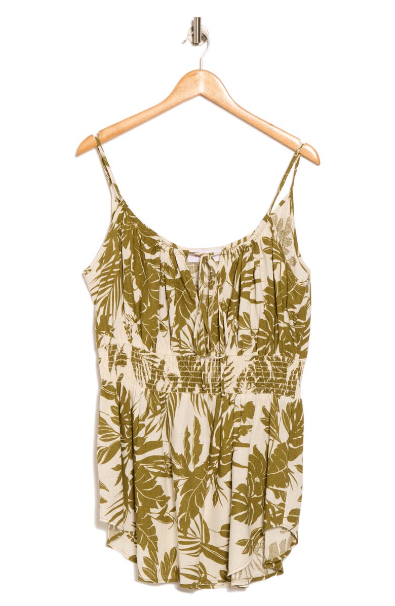 Renee C Leaf Print Smocked Peplum Camisole, Alternate, color, Olive