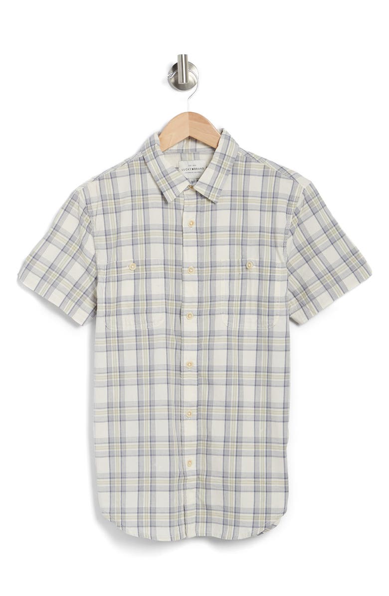 Lucky Brand Mason Plaid Short Sleeve Stretch Cotton Button-Up Shirt, Alternate, color, Natural Multi