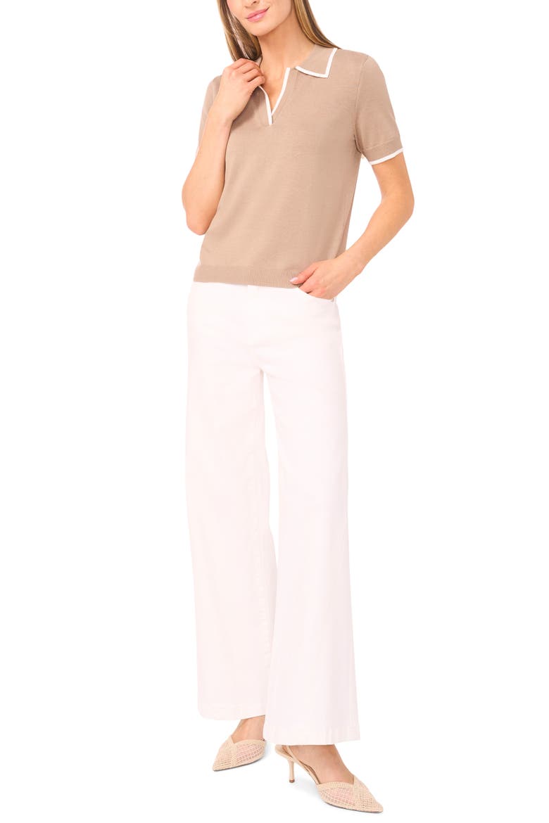 Tipped Johnny Collar Short Sleeve Sweater, Alternate, color, WEATHERED TEAK