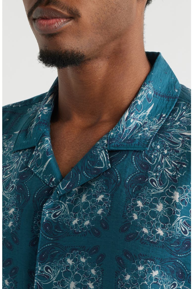 Floral Print Short Sleeve Button-Up Shirt, Alternate, color, TEAL FRAMED FLORAL
