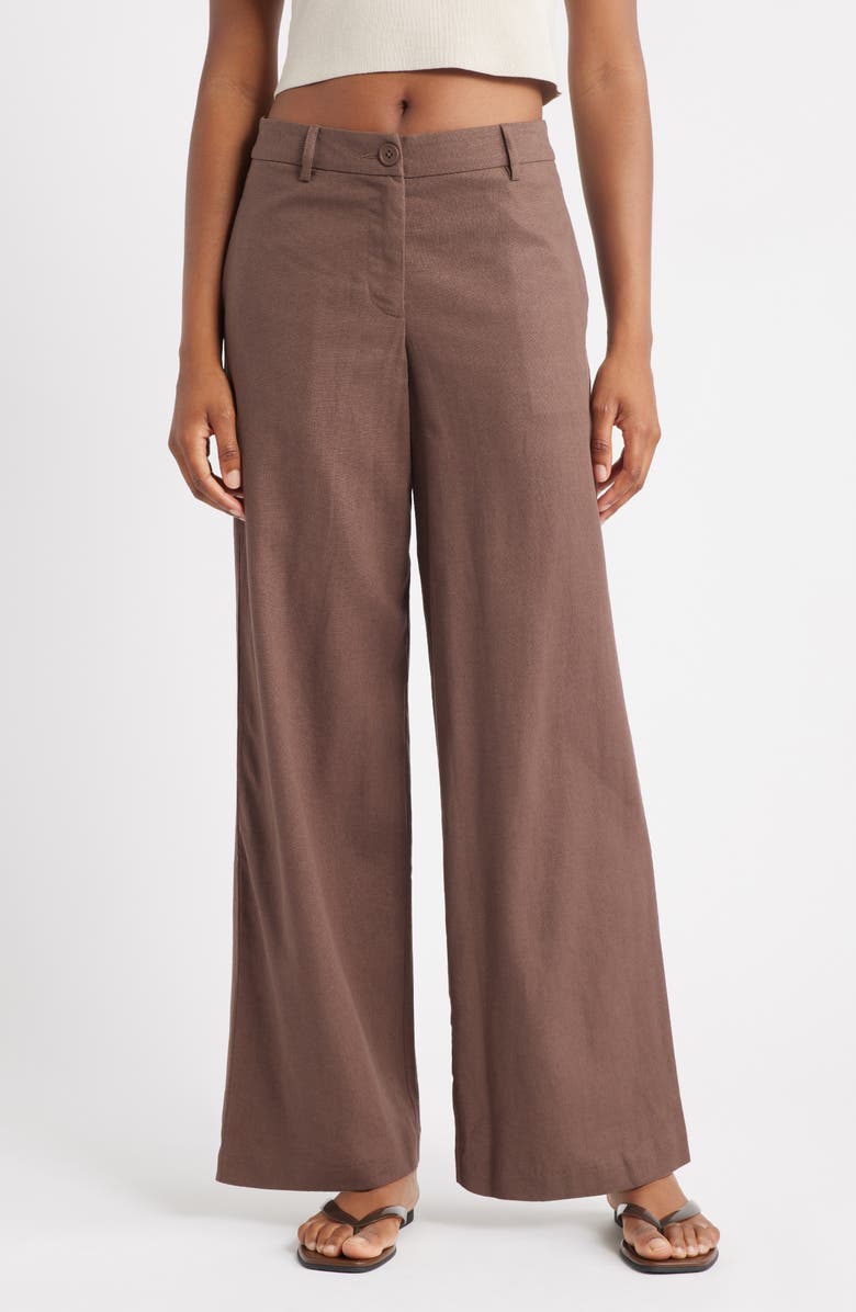 Topshop Low Slung Linen Blend Wide Leg Pants, Main, color, Brown Multi