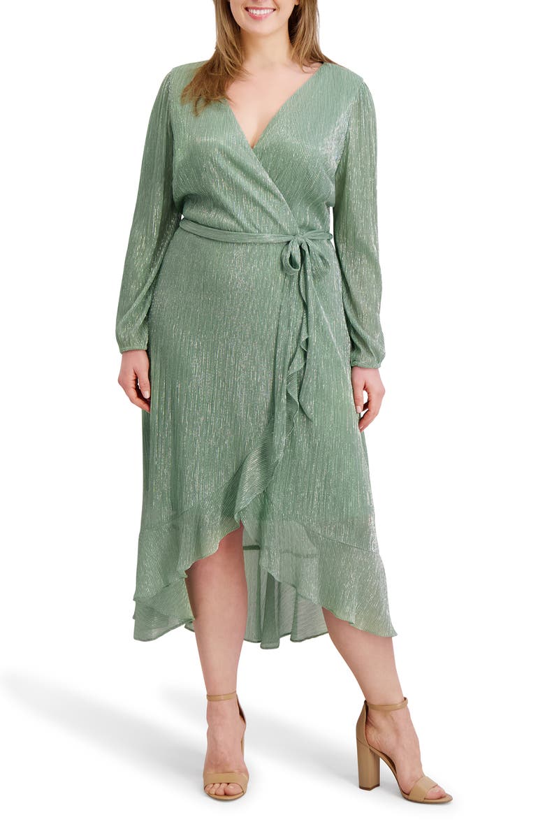 Kensie Ruffled Metallic Long Sleeve High-Low Maxi Dress, Main, color, Sage