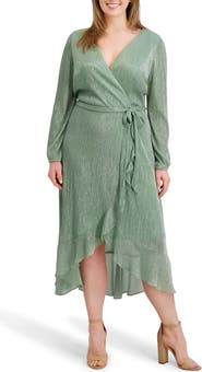 Kensie Ruffled Metallic Long Sleeve High-Low Maxi Dress