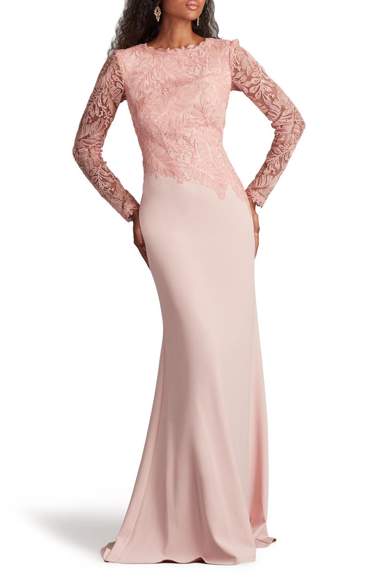 Embroidered Leaf Print Long Sleeve Gown, Alternate, color, ADOBE BLUSH