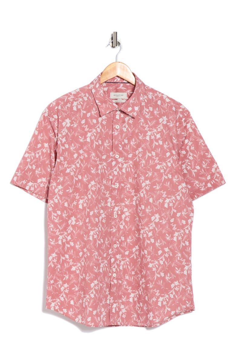 Bugatchi Orson Short Sleeve Stretch Cotton Button-Up Shirt, Alternate, color, Dusty Pink
