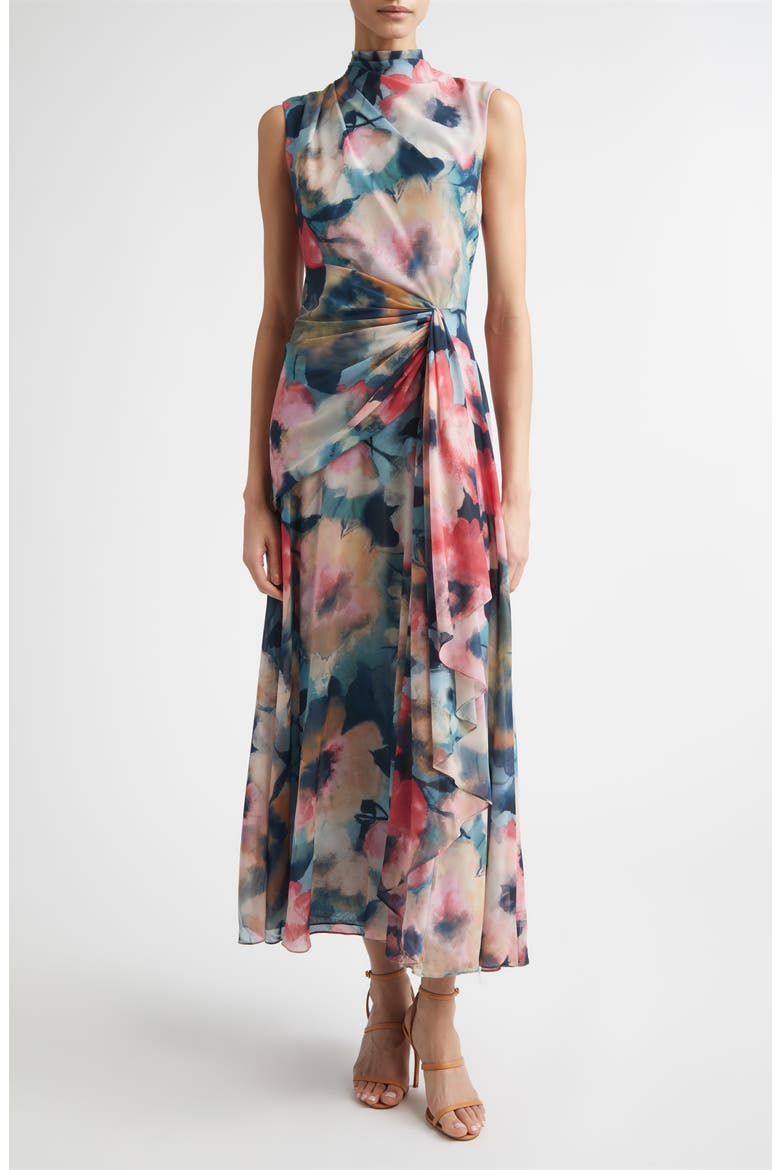 Abstract Floral Draped Chiffon A-Line Midi Dress, Main, color, MIST MULTI