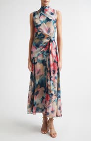 Lela Rose Abstract Floral Draped Chiffon A-Line Midi Dress