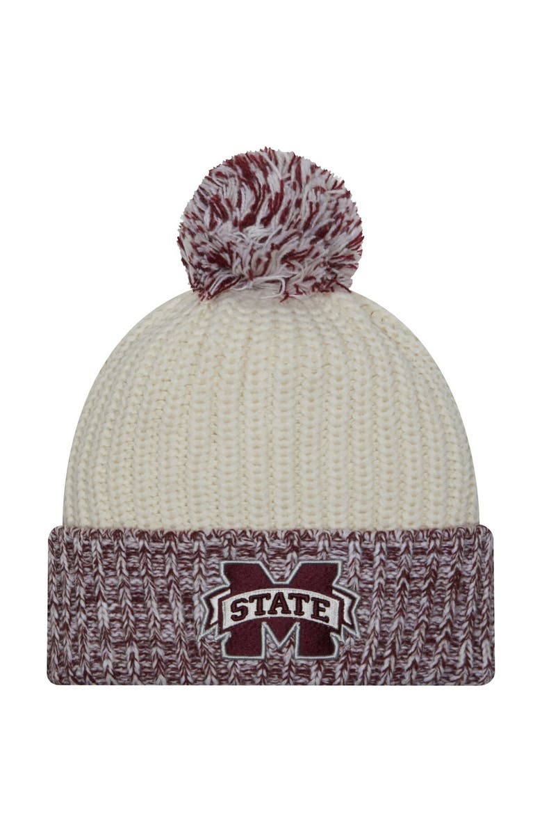New Era Women's New Era Cream Mississippi State Bulldogs Fresh Cuffed Knit Hat with Pom, Main, color, 