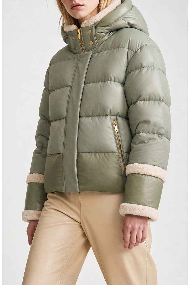 Karly Faux Shearling Trim Puffer Jacket, Alternate, color, SAGE