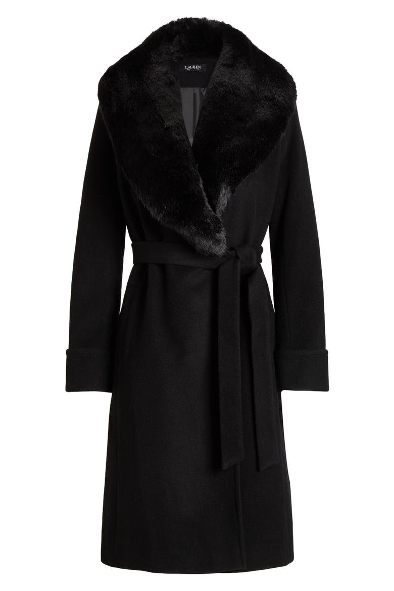 Belted Faux Fur Collar Wool Blend Wrap Coat, Alternate, color, BLACK