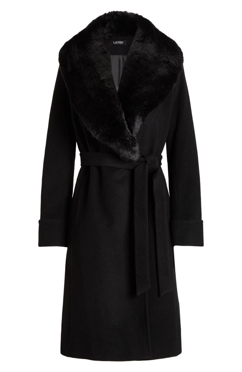 Lauren Ralph Lauren Belted Faux Fur Collar Wool Blend Wrap Coat, Alternate, color, 