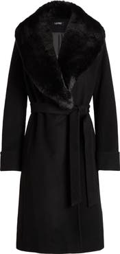 Lauren Ralph Lauren Belted Faux Fur Collar Wool Blend Wrap Coat