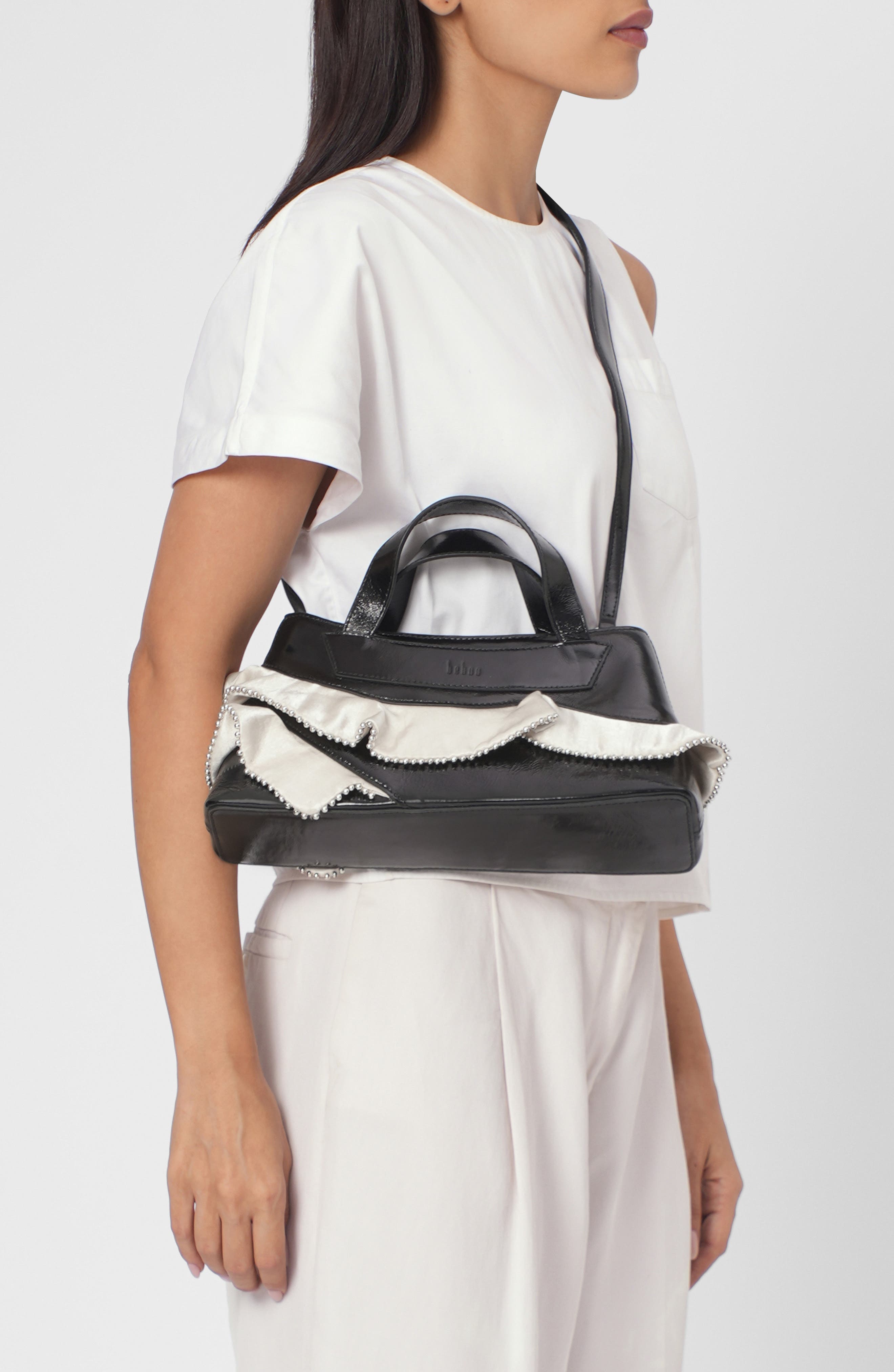Franca Leather Ruffle Shoulder Bag, Alternate, color, BLACK