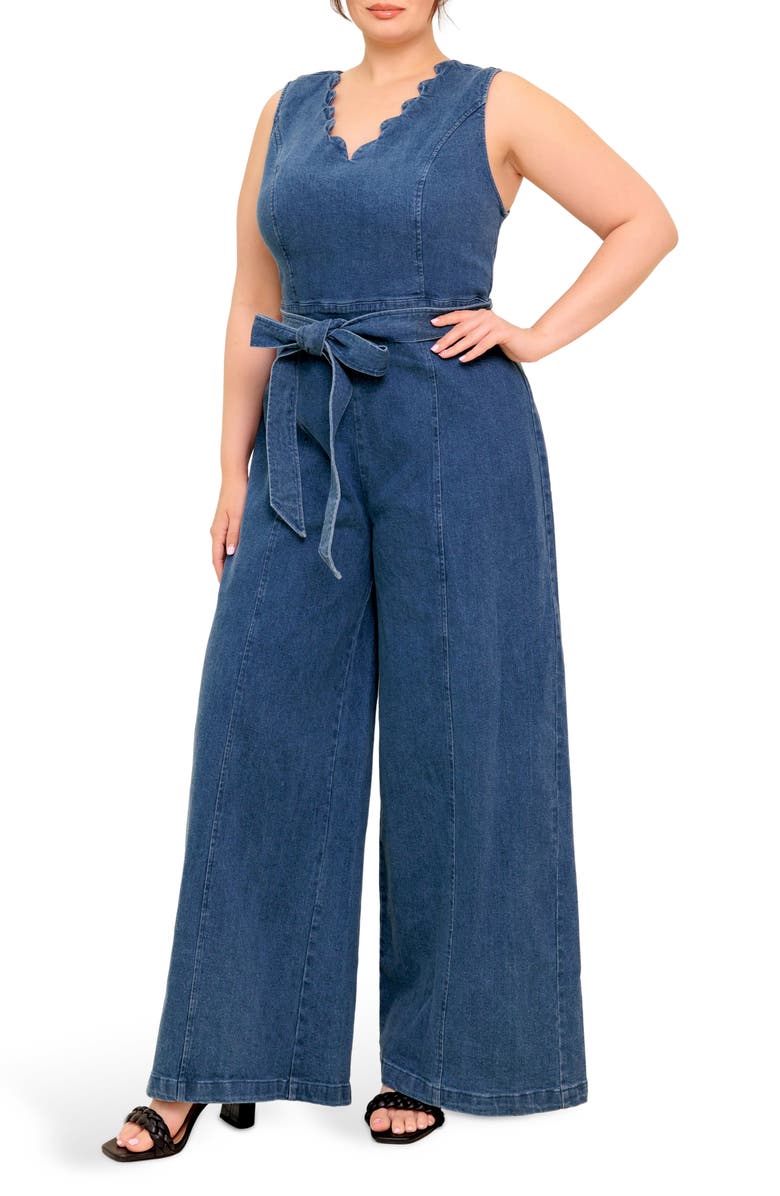 FLYING TOMATO Scallop Neck Denim Jumpsuit, Alternate, color, Medium Indigo