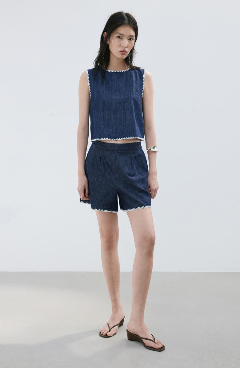 MANGO Pleated Pull-On Denim Shorts, Alternate, color,
