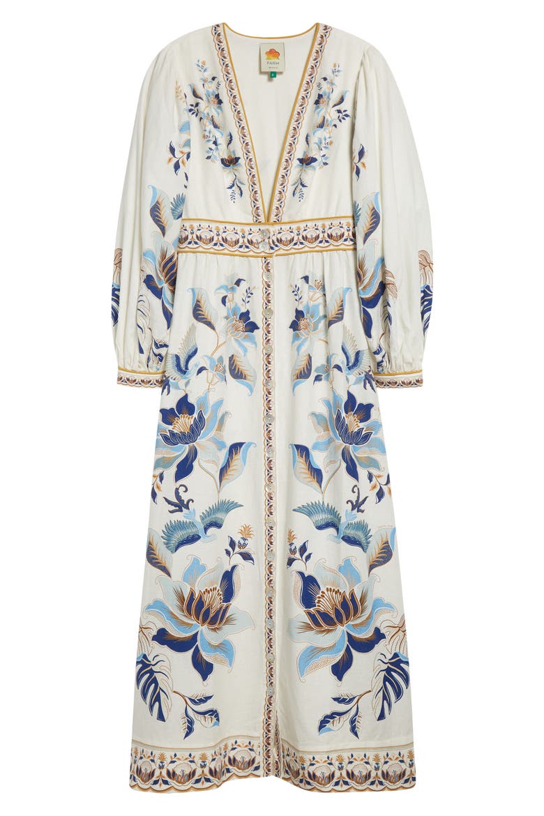 Mystic Blue Lotus Placed Print Long Sleeve Linen Blend Maxi Dress, Alternate, color, WHITE AND BLUE