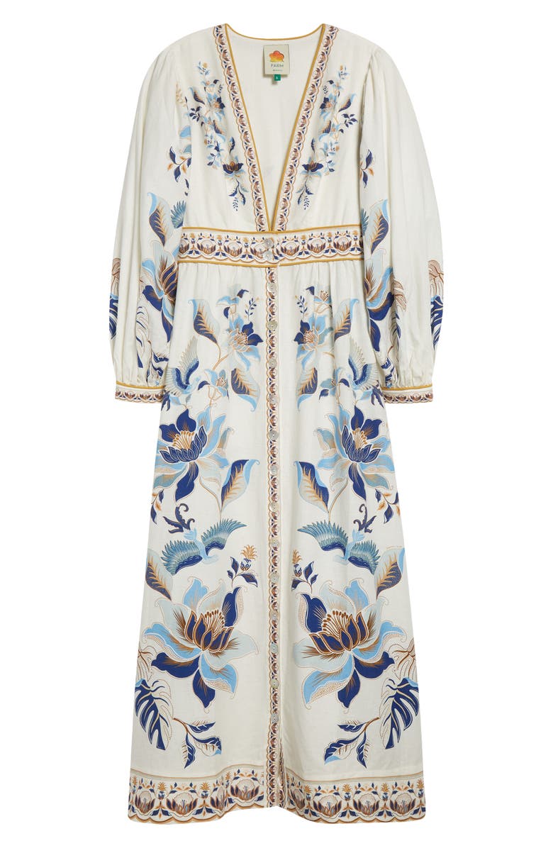 FARM Rio Mystic Blue Lotus Placed Print Long Sleeve Linen Blend Maxi Dress, Alternate, color, White And Blue