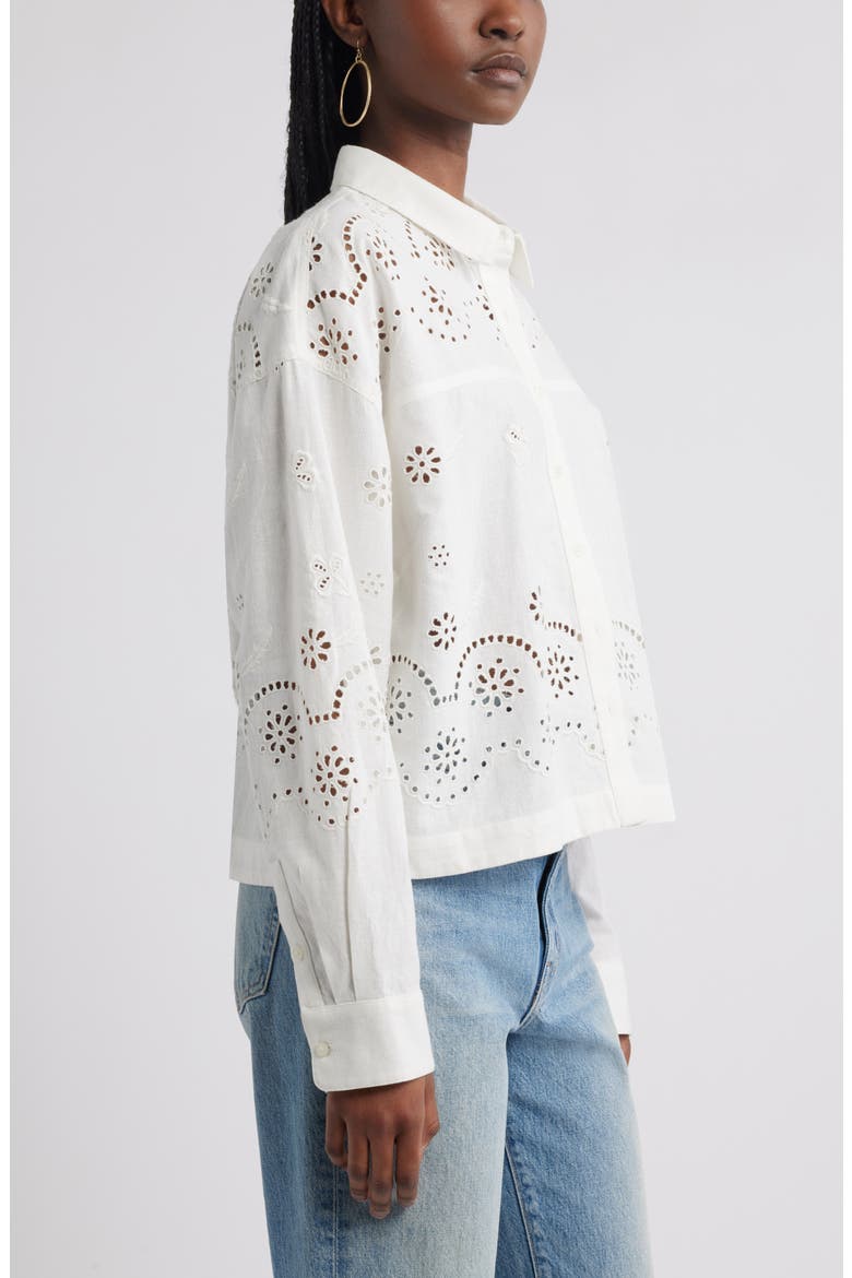 Eyelet Cotton & Linen Button-Up Shirt, Alternate, color, IVORY EGRET