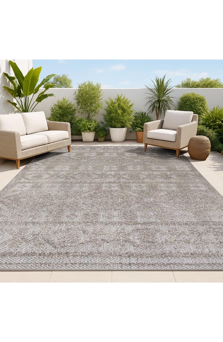JONATHAN Y Citta High-Low Pile Mediterranean Tile Indoor/Outdoor Area Rug, Alternate, color, Dark Gray/Ivory