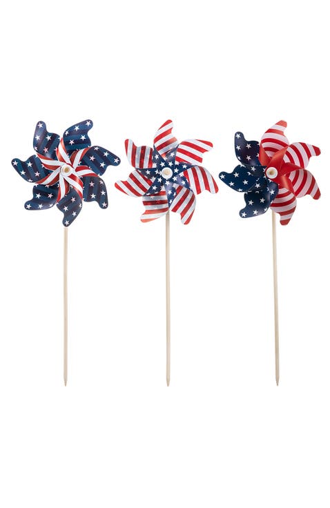Set of 3 Plastic Stars & Stripes Patriotic Americana Windmills