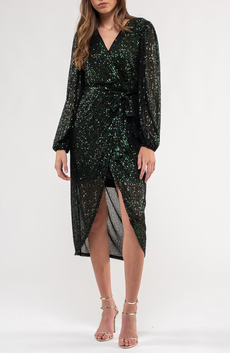 AUGUST SKY Sequin Long Sleeve Dress, Alternate, color, Dark Green