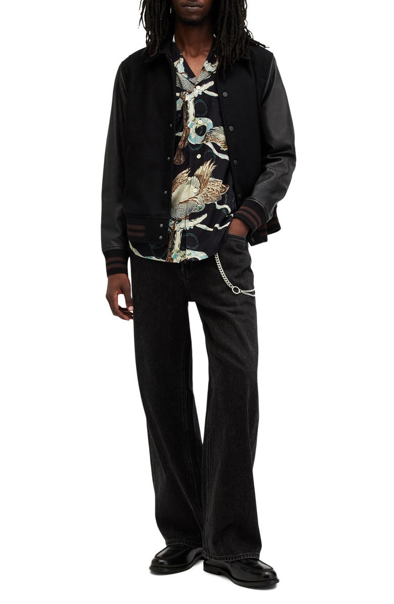 AllSaints Buzzard Print Camp Shirt, Alternate, color, Jet Black