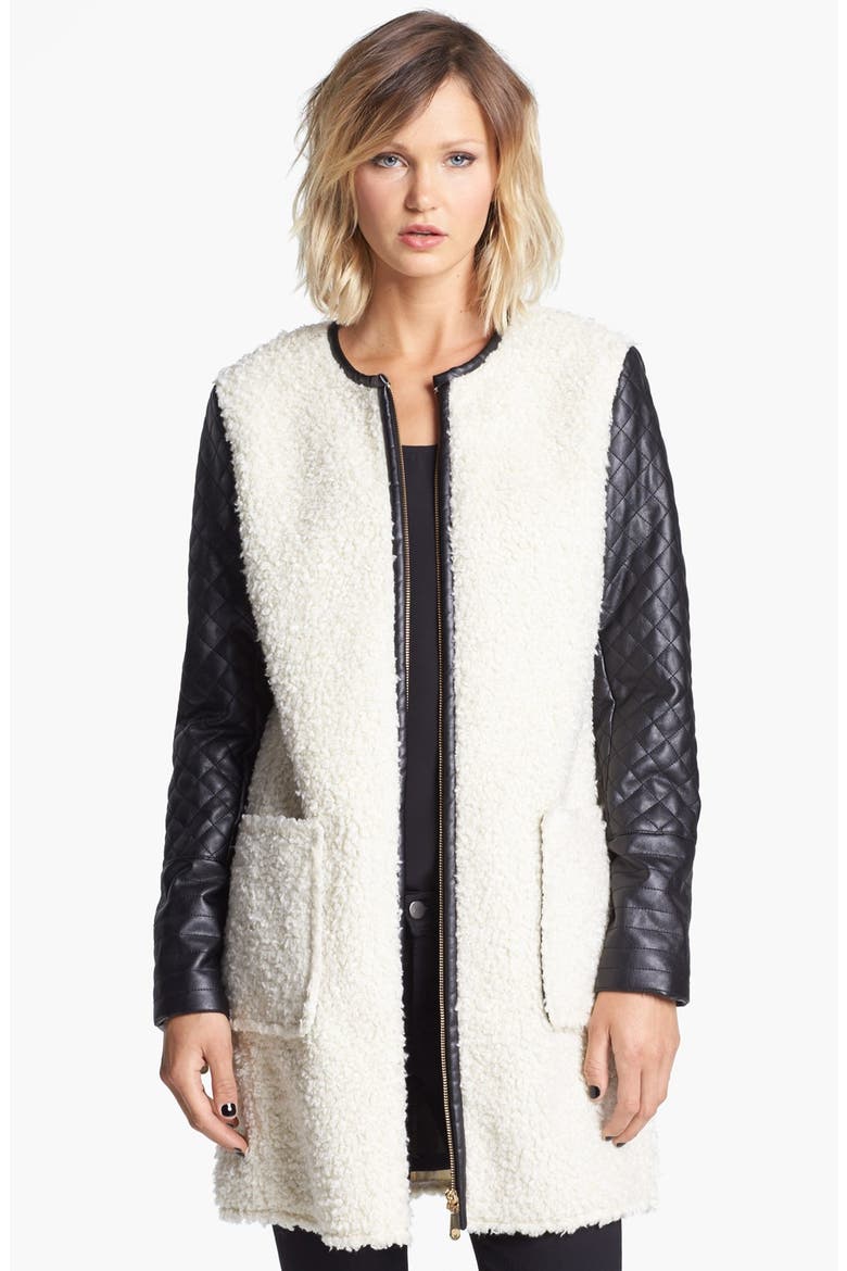 Faux Shearling & Faux Leather Coat, Main, color, CREAM/ BLACK