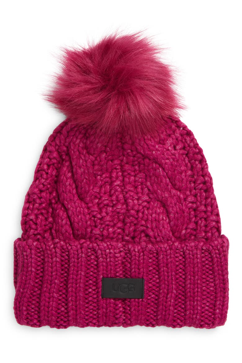 Cable Knit Beanie with Faux Fur Pom, Main, color, WILD ASTER