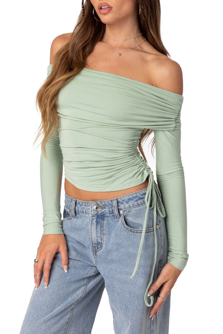 Off the Shoulder Side Ruched Knit Top, Alternate, color, GREEN