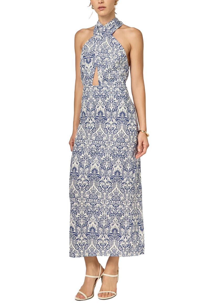 Print Cutout Halter Maxi Dress, Alternate, color, BLUE