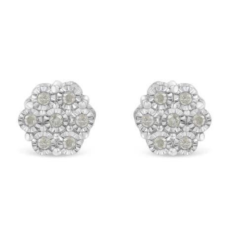 Silver 1/4 Ct RoundDiamond Miracle- Floral Cluster Button Stud Earrings