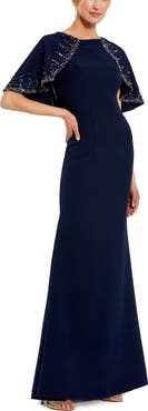Mac Duggal Crepe High Neck Fitted Gown With Beaded Shawl
