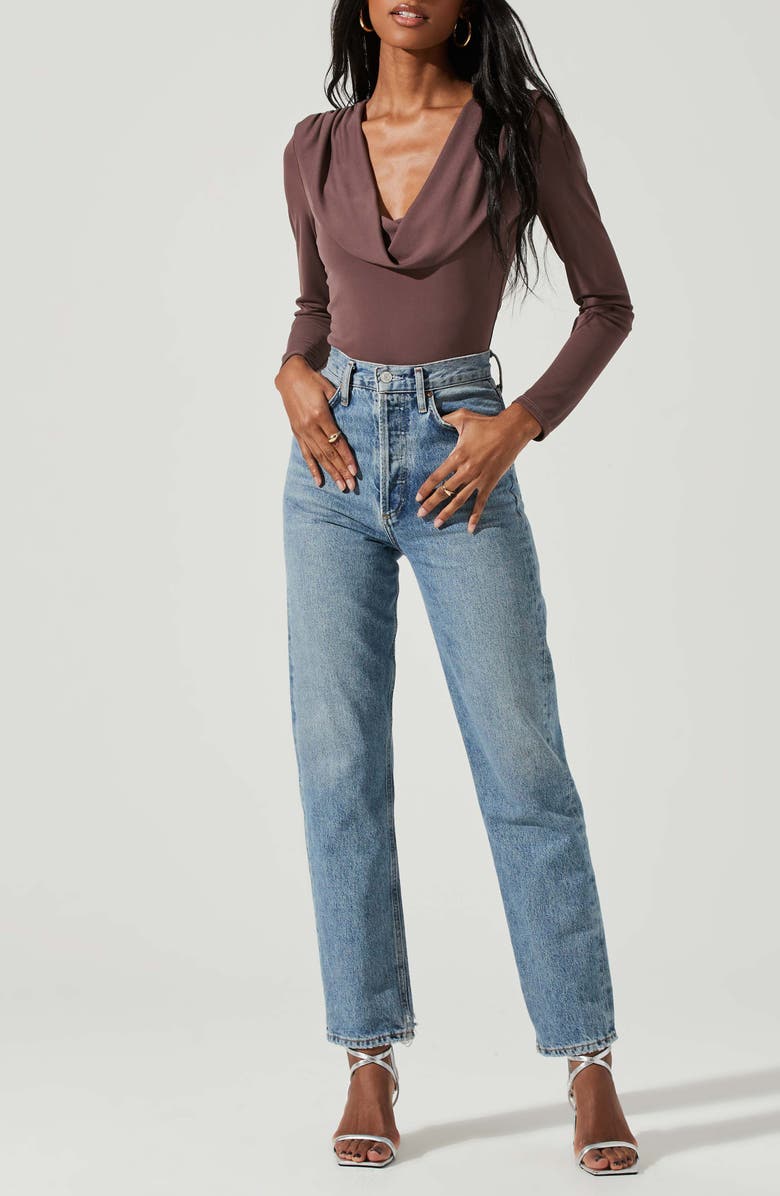 ASTR the Label Kimberly Cowl Neck Long Sleeve Bodysuit, Alternate, color, Mocha