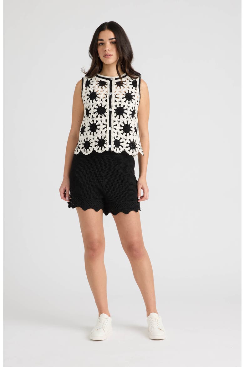 Buttoned Crochet Shell, Alternate, color, BLACK/ MARSHMALLOW