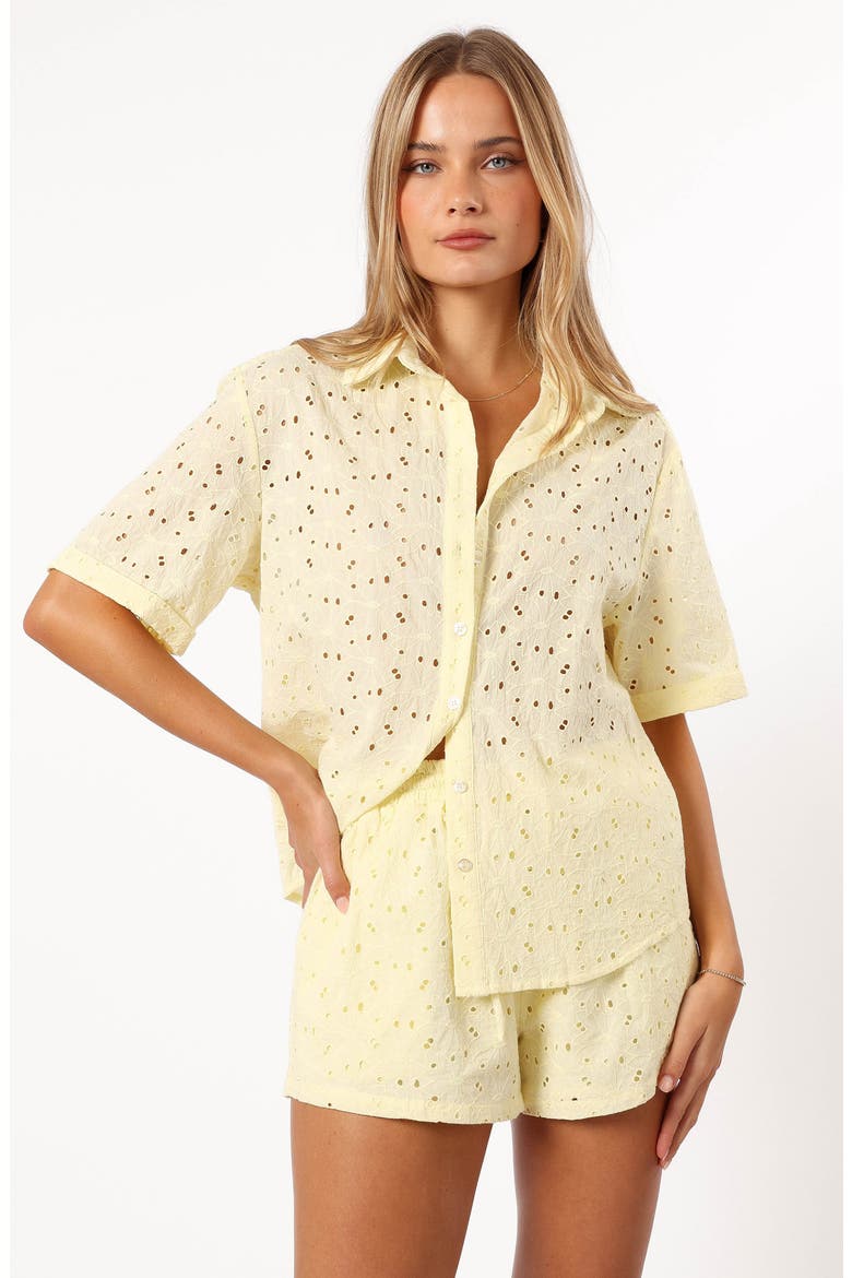 Dazie Eyelet Drawstring Shorts, Alternate, color, LEMON