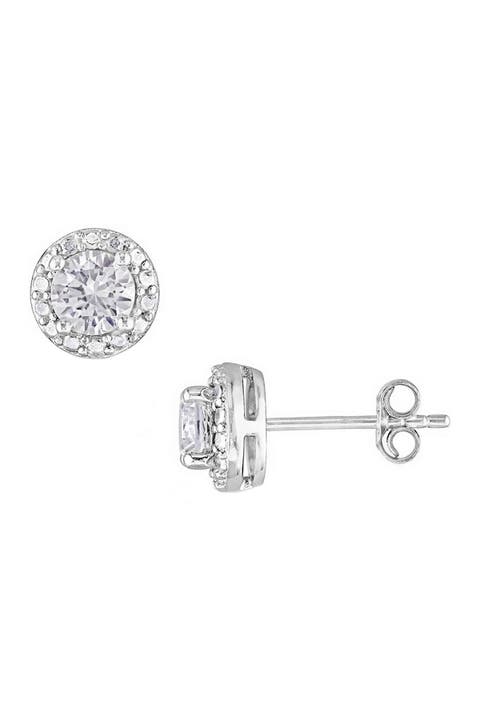Diamond Halo White Sapphire Stud Earrings