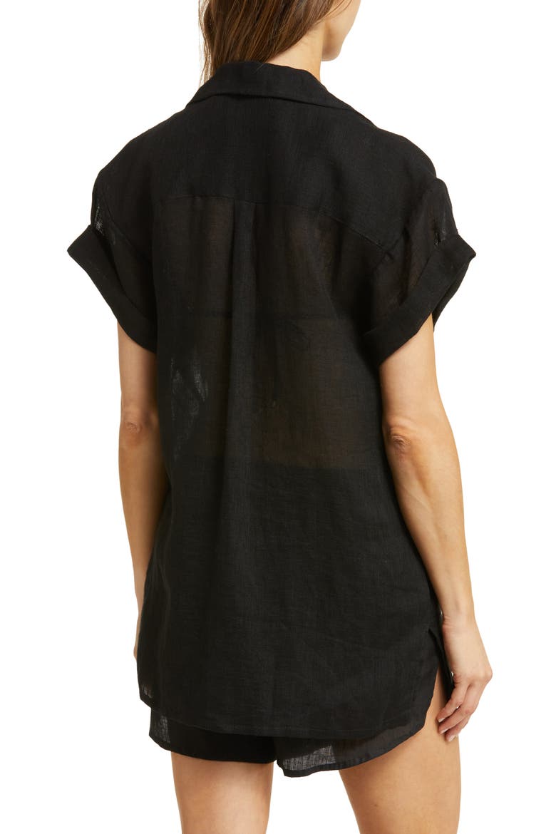 Playa Pocket Linen Cover-Up Button-Up Shirt, Alternate, color, BLACK ECO LINEN