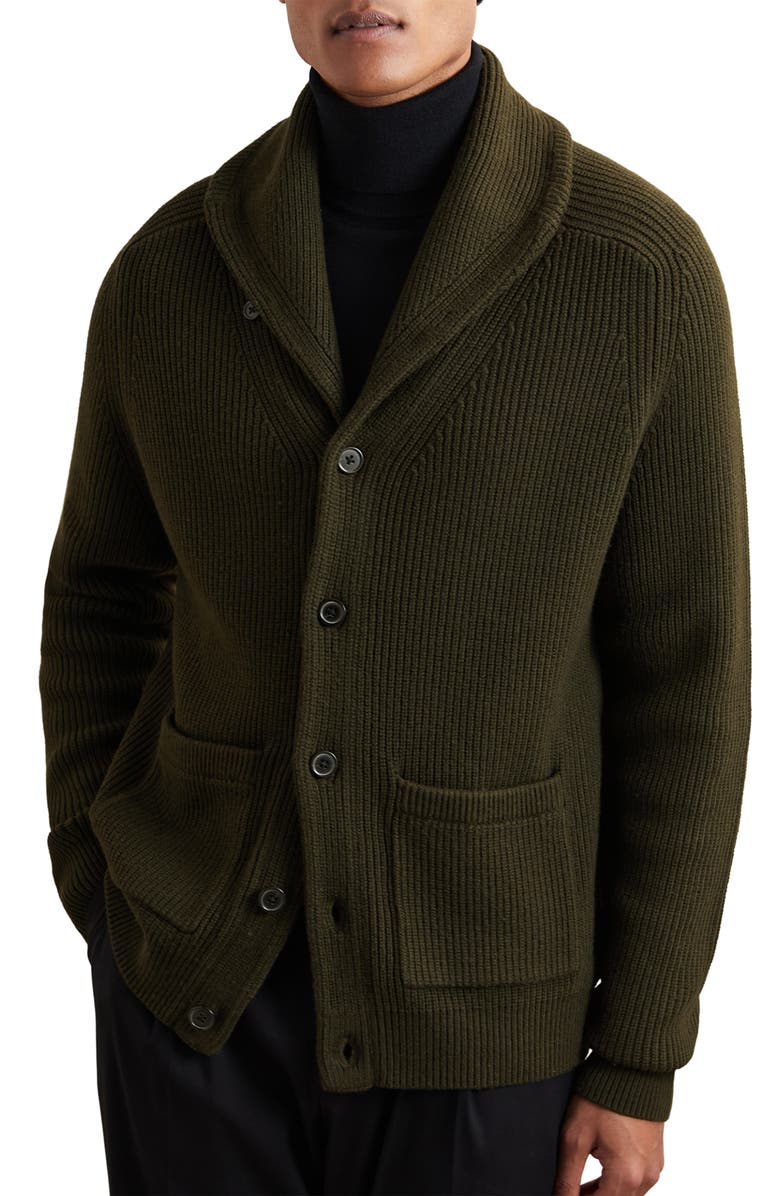 Reiss Cannon Rib Cardigan, Main, color, Dark Olive Green