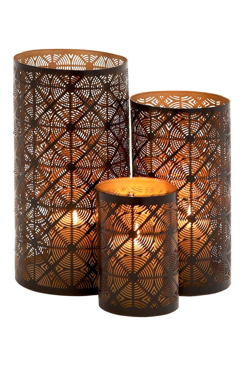 Set of 3 Textured Metal Lantern Candle Holders, Alternate, color, DARK BROWN