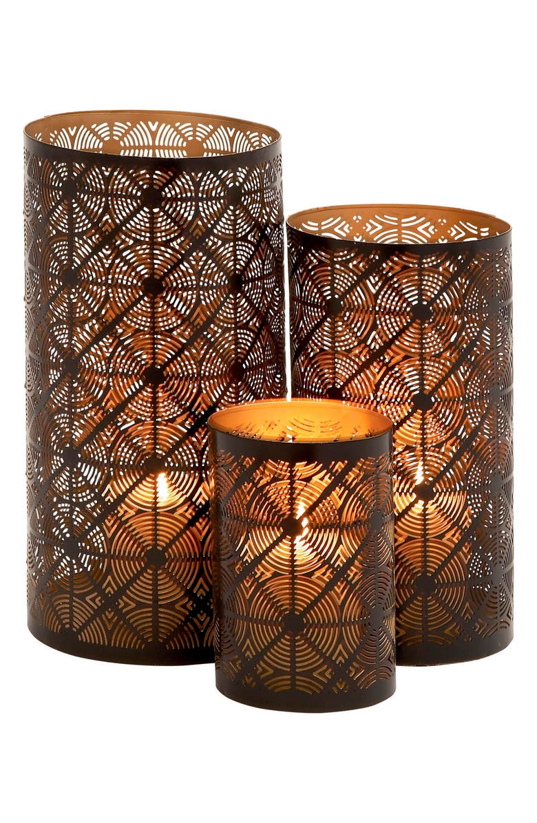 WILLOW ROW Set of 3 Textured Metal Lantern Candle Holders, Alternate, color, Dark Brown