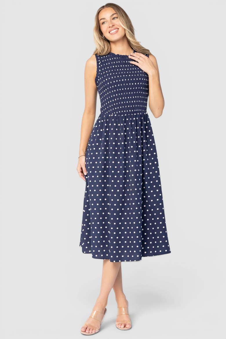 Alex Smocked Midi Dress, Main, color, Navy Dot