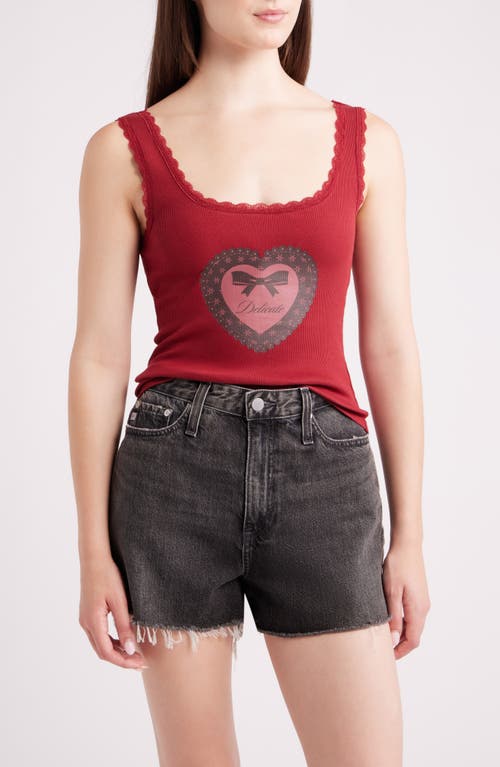 Golden Hour Delicate Heart Lace Trim Graphic Tank Top In Biking Red