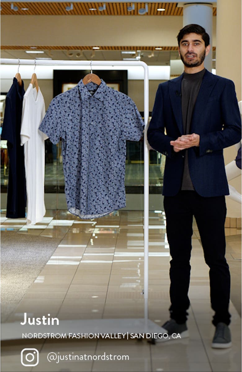 Willowbank Leaf Print Short Sleeve Button-Up Shirt, sales video thumbnail